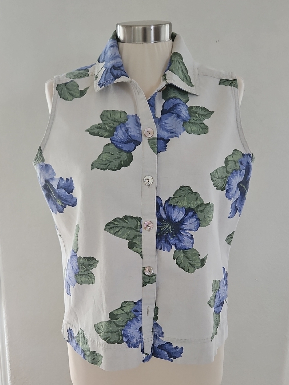 Sleeveless Button-Down Floral Shirt - Blue Floral on White by